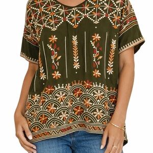 Johnny Was Olive Embroidered Boho Floral Tunic Top L